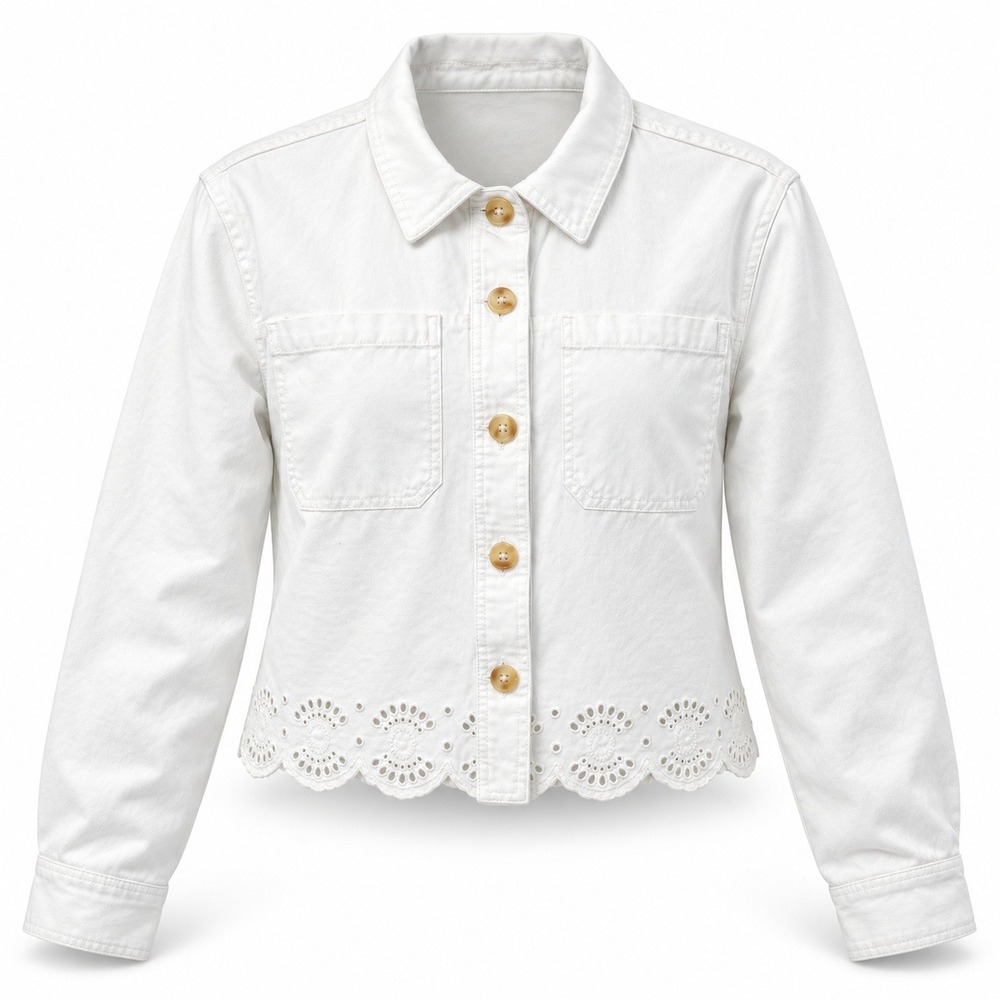LC Lauren Conrad Denim Jacket Eyelet Scallop Hem White Women XL Cottagecore Boho